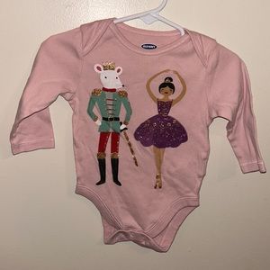 Old Navy pink onesie, nutcracker/dancers 6-9M